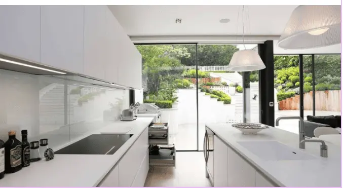 Modern white luxury kitchen with sleek cabinetry and island, minimalist design Virginia Beach