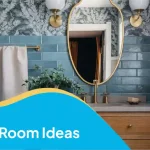 Powder room ideas with blue tiles, patterned wallpaper, gold fixtures, and a wooden vanity