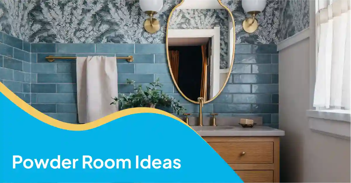 Powder room ideas with blue tiles, patterned wallpaper, gold fixtures, and a wooden vanity