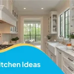 Galley kitchen ideas with white cabinets, marble countertops, subway tile backsplash, and large windows