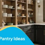 Kitchen pantry ideas with open wooden shelving and black cabinets