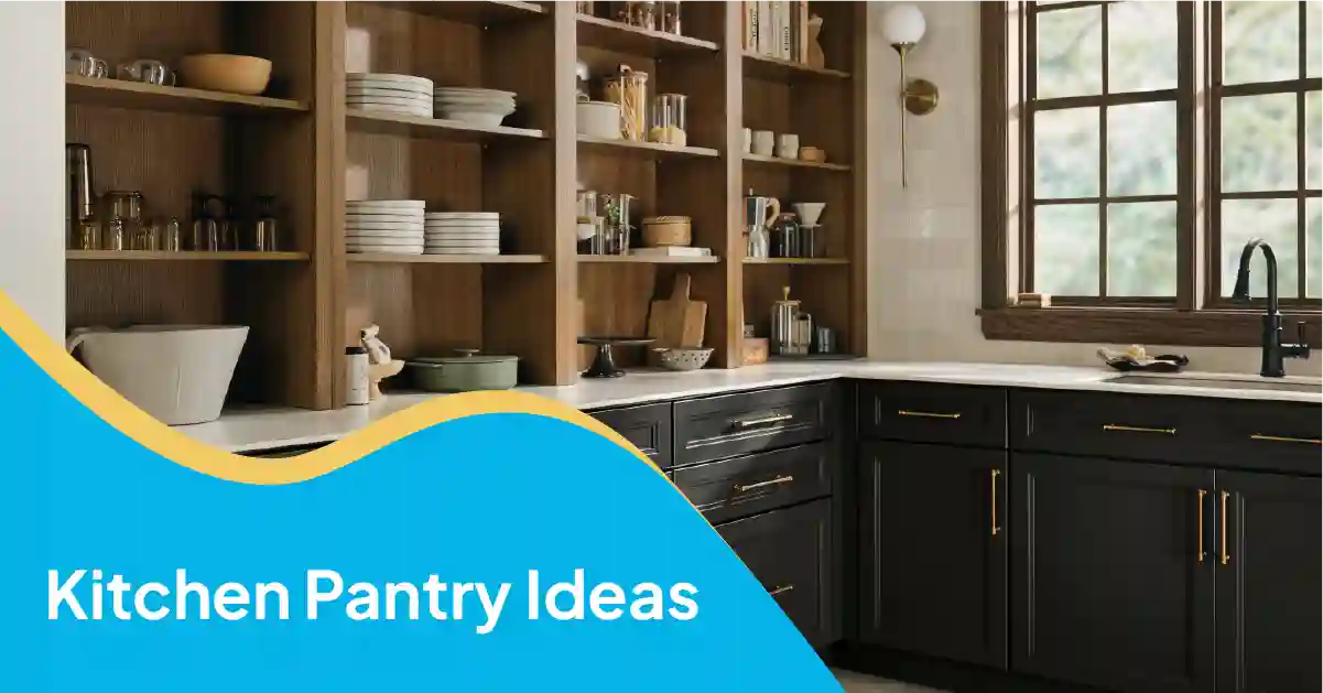 Kitchen pantry ideas with open wooden shelving and black cabinets