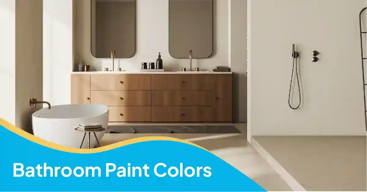 Bathroom paint colors in a modern neutral bathroom with beige walls, a wooden vanity, and rounded mirrors.