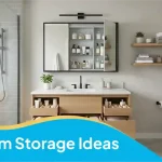 Bathroom storage ideas featuring a wooden vanity with drawers, mirrored cabinets, floating shelves, and open shelving.