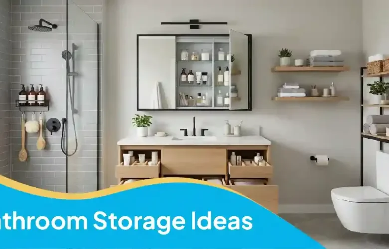 Bathroom storage ideas featuring a wooden vanity with drawers, mirrored cabinets, floating shelves, and open shelving.