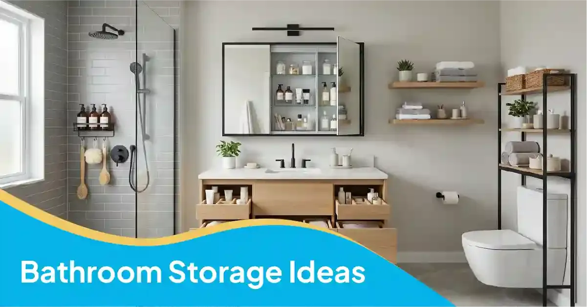 Bathroom storage ideas featuring a wooden vanity with drawers, mirrored cabinets, floating shelves, and open shelving.