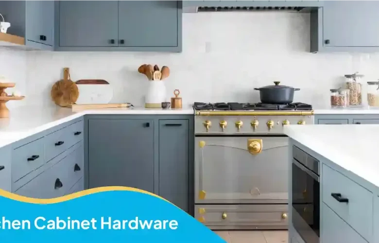 Kitchen cabinet hardware featuring black drawer pulls, brass oven knobs, and blue-gray cabinets in a modern kitchen.